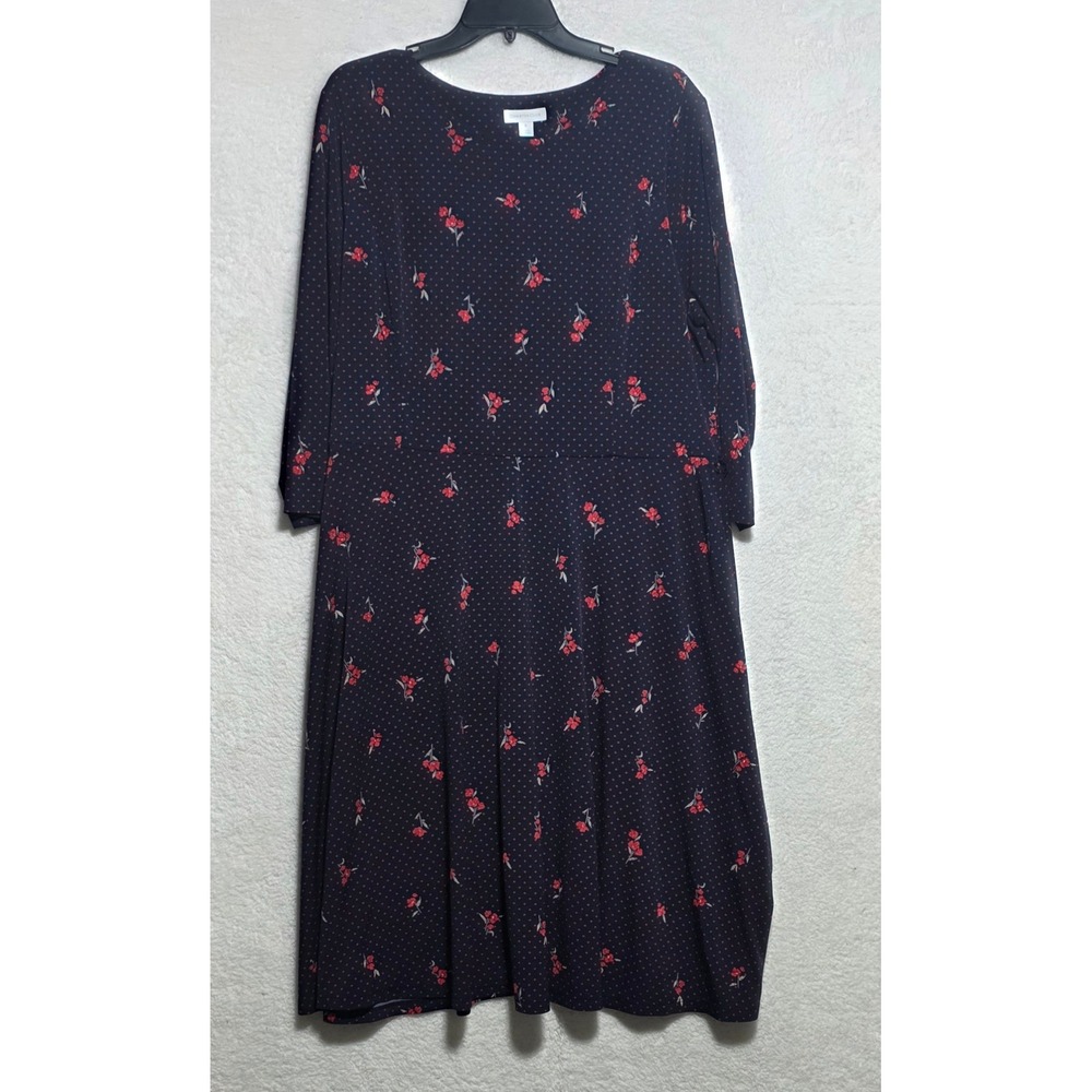 Charter Club Navy Blue Red Polka Dot Floral Fit & Flare Midi Dress XL